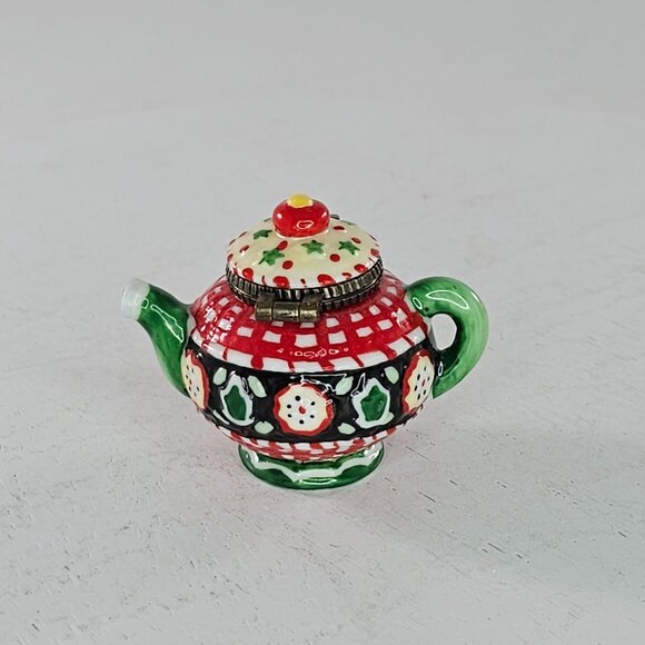 Mary Engelbreit Enesco Ceramic Teapot Trinket Box Red & Green Checkered Design - Picture 8 of 8